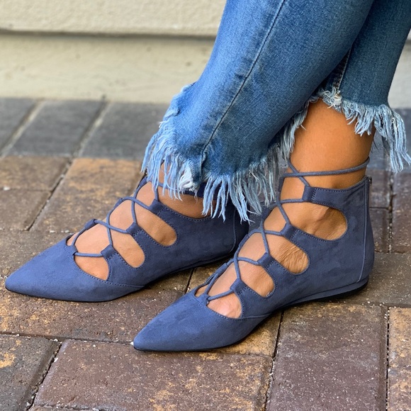 Denim Blue Pointy Toe Lace Up Classic Ballet Flats - Picture 2 of 8